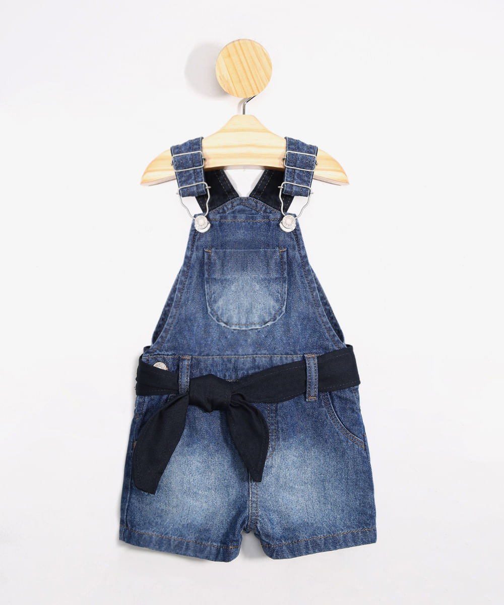 Jardineira Infantil Jeans com Bolso e Cinto Azul Médio