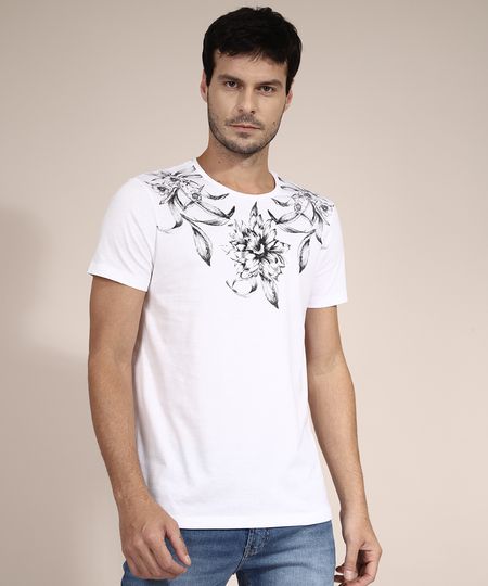 Camiseta-de-Algodao-Floral-Manga-Curta-Gola-Careca-Branca-9982574-Branco_1