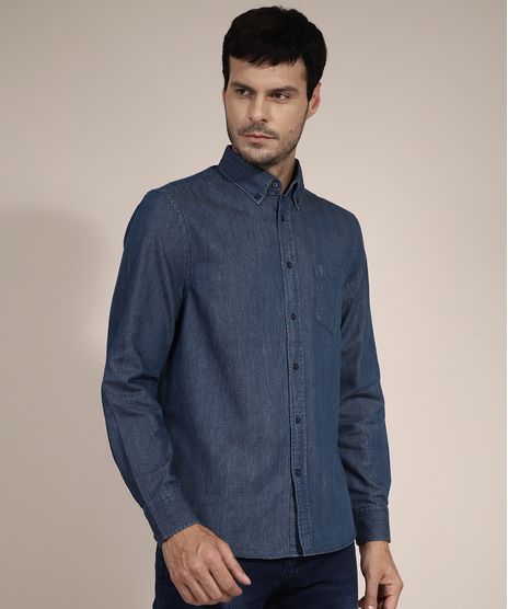 Camisa-Jeans-Comfort-Estampada-Xadrez-com-Bolso-Manga-Longa-Azul-Escuro-9973872-Azul_Escuro_1