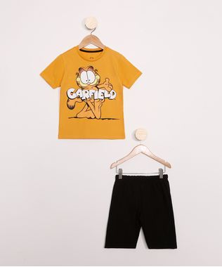 Conjunto-Infantil-de-Camiseta-Manga-Curta-Garfield-Mostarda---Bermuda-Preto-9979122-Preto_1