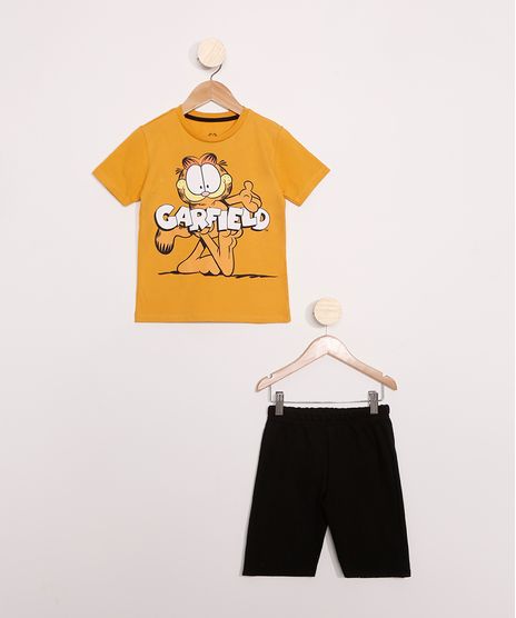 Conjunto-Infantil-de-Camiseta-Manga-Curta-Garfield-Mostarda---Bermuda-Preto-9979122-Preto_1