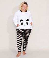 Pijama-Manga-Longa-Plus-Size-Panda-com-Fleece-e-Poa-Branco-9974571-Branco_1
