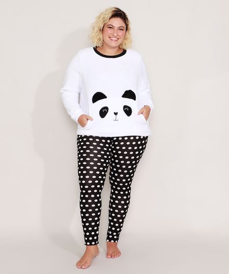 Pijama-Manga-Longa-Plus-Size-Panda-com-Fleece-e-Poa-Branco-9974571-Branco_1