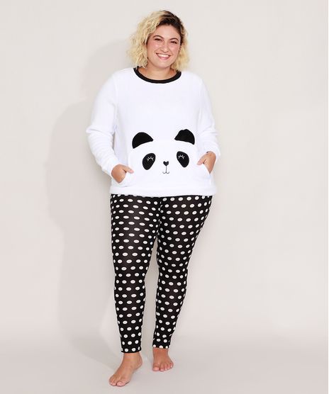 Pijama-Manga-Longa-Plus-Size-Panda-com-Fleece-e-Poa-Branco-9974571-Branco_1