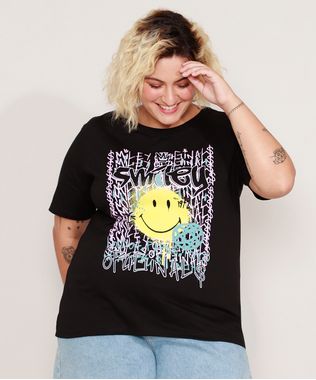 Camiseta-de-Algodao-Plus-Size-Smiley-Grafite-Manga-Curta-Decote-Redondo-Preta-9982639-Preto_1