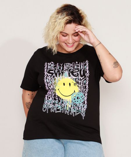 Camiseta-de-Algodao-Plus-Size-Smiley-Grafite-Manga-Curta-Decote-Redondo-Preta-9982639-Preto_1 Camiseta-de-Algodao-Plus-Size-Smiley-Grafite-Manga-Curta-Decote-Redondo-Preta-9982639-Preto_1