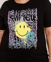 Camiseta-de-Algodao-Plus-Size-Smiley-Grafite-Manga-Curta-Decote-Redondo-Preta-9982639-Preto_2