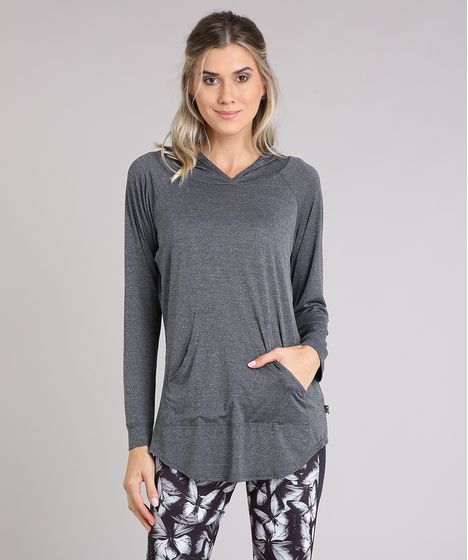 Blusa Feminina Esportiva Ace Com Capuz E Bolso Manga Longa Cinza