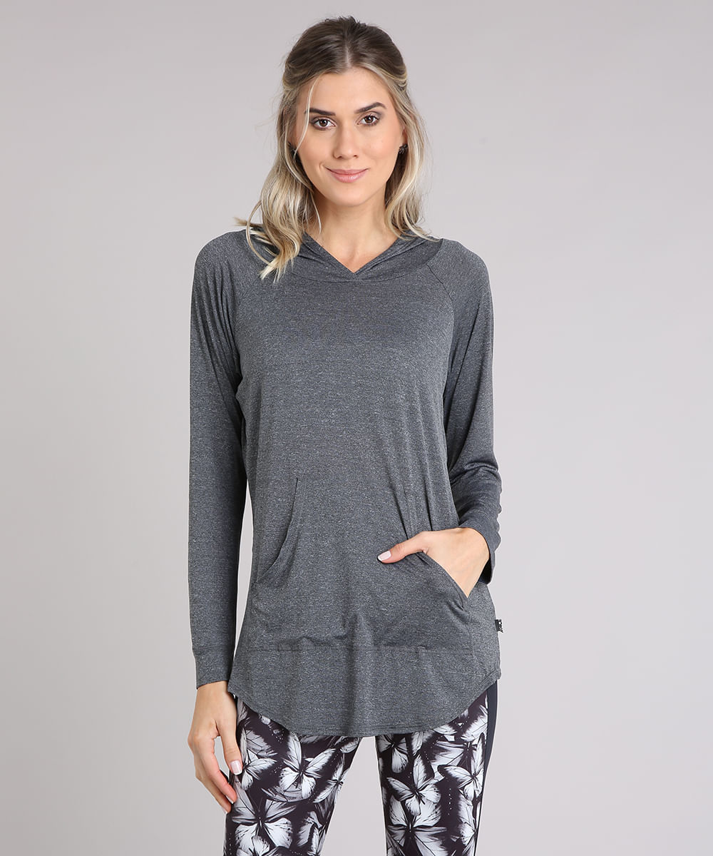 Blusa Feminina Esportiva Ace Com Capuz E Bolso Manga Longa Azul Cea