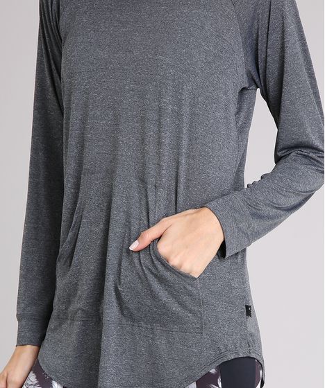 Blusa Feminina Esportiva Ace Com Capuz E Bolso Manga Longa Cinza