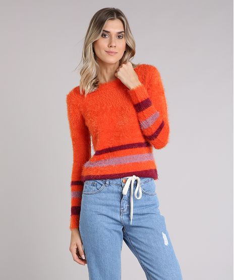Sueter-Feminino-em-Trico-Felpudo-com-Listras-Laranja-8883222-Laranja_1