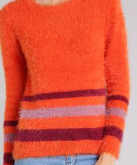 Sueter-Feminino-em-Trico-Felpudo-com-Listras-Laranja-8883222-Laranja_4