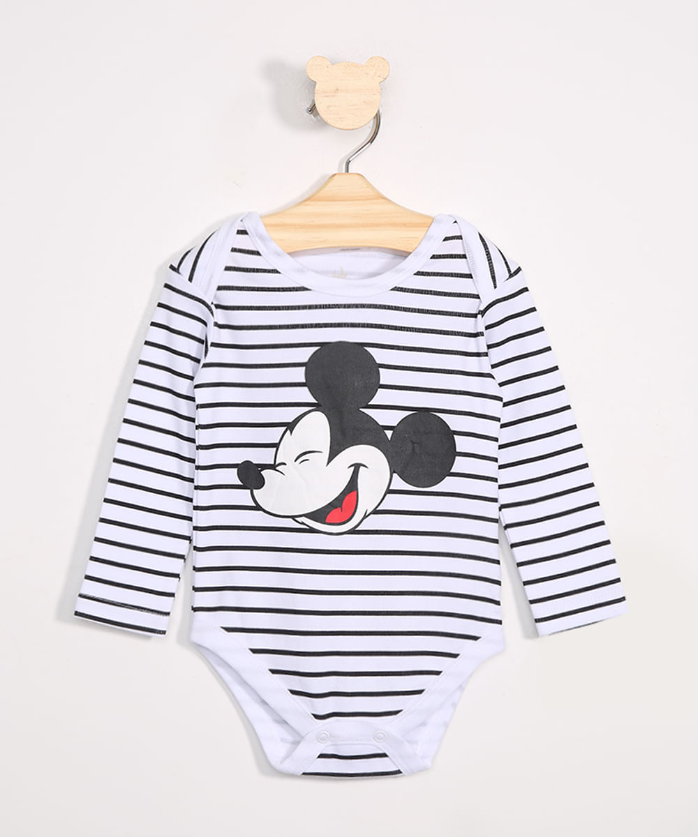 Body Infantil Mickey Listrado Manga Longa Off White