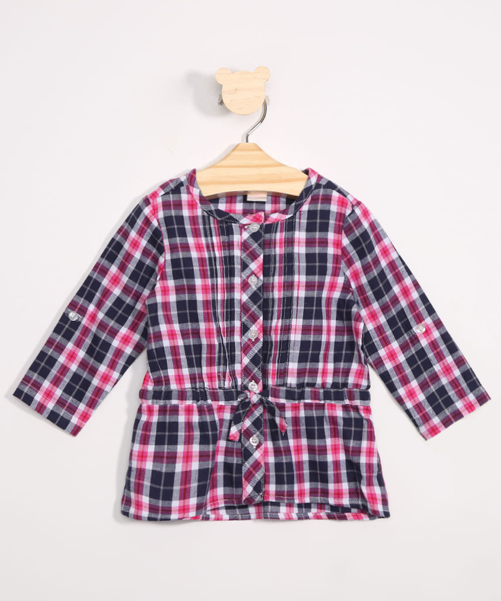 Camisa Infantil Estampada Xadrez Manga Longa Rosa Escuro