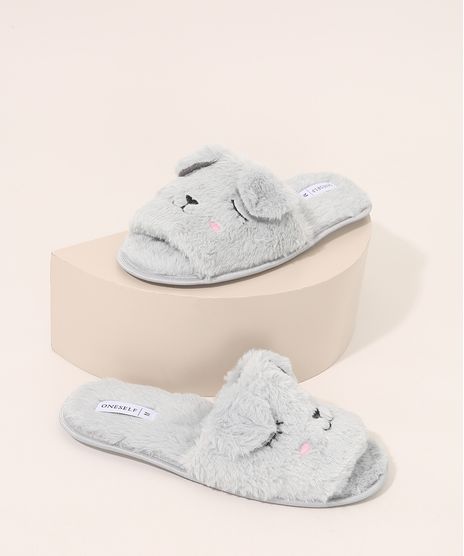 Pantufa-Feminina-de-Pelucia-com-Bordado-Coelho-Oneself-Cinza-9967076-Cinza_1