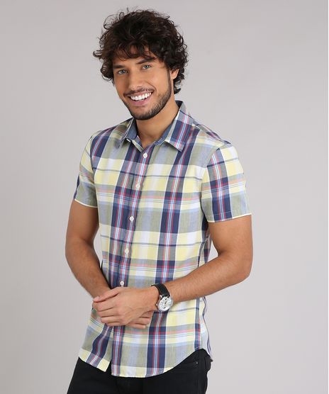 Camisa-Masculina-Slim-Xadrez-Manga-Curta-Amarelo-Claro-8894567-Amarelo_Claro_1