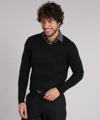 Sueter-Masculino-Basico-em-Trico-Manga-Longa-Gola-V--Preto-8464186-Preto_1