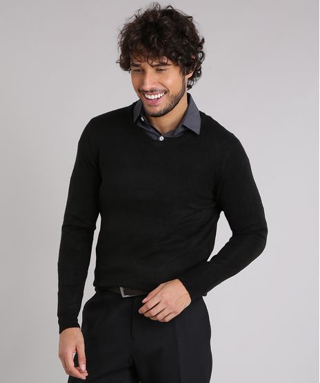Sueter-Masculino-Basico-em-Trico-Manga-Longa-Gola-V--Preto-8464186-Preto_1