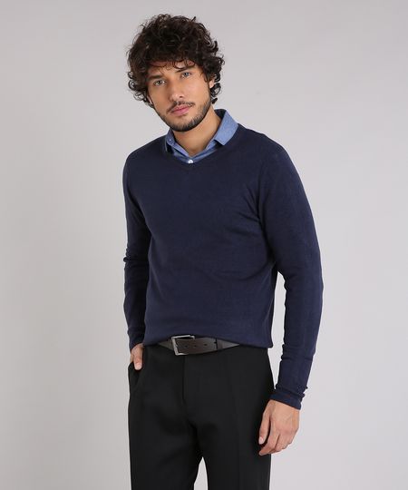 Sueter-Masculino-Basico-em-Trico-Manga-Longa-Gola-V--Azul-Marinho-8464179-Azul_Marinho_1