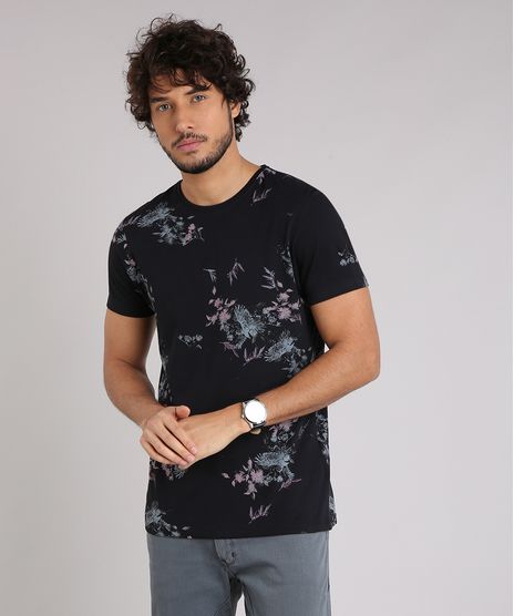 Camiseta-Masculina-Slim-Fit-Estampada-Floral-Manga-Curta-Gola-Careca-em-Algodao---Sustentavel-Preta-9197264-Preto_1