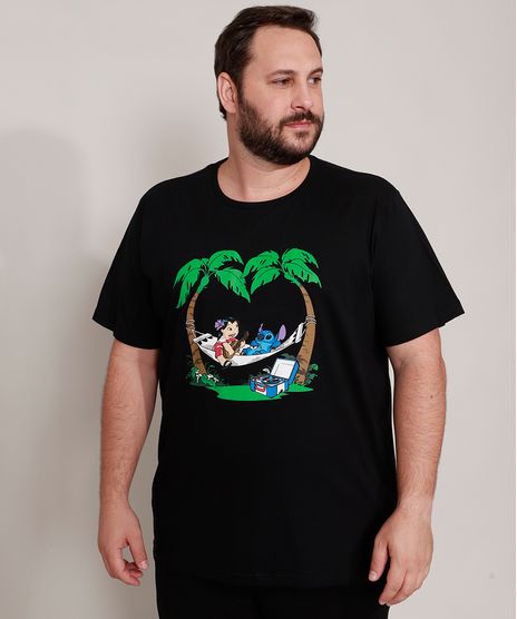 Camiseta-de-Algodao-Plus-Size-Lilo-e-Stitch-Manga-Curta-Gola-Careca-Preta-9989059-Preto_1