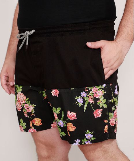 Bermuda-Reta-de-Sarja-Plus-Size-com-Recorte-Floral-e-Cordao-Preta-9980679-Preto_1