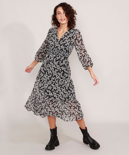 Vestido-Estampado-Floral-com-Lurex-e-Recortes-Midi-Manga-Bufante-Preto-9990774-Preto_1