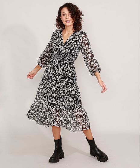 Vestido-Estampado-Floral-com-Lurex-e-Recortes-Midi-Manga-Bufante-Preto-9990774-Preto_1