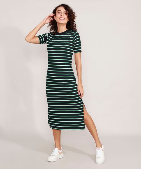 Vestido-Canelado-Listrado-com-Fendas-Midi-Manga-Curta-Azul-Marinho-9975942-Azul_Marinho_1