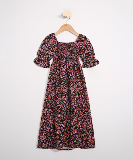 Vestido-Infantil-Longo-Estampado-Floral-Manga-Bufante-Preto-9986486-Preto_1