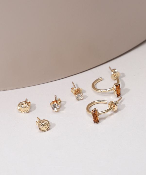 Kit de 3 Brincos com Argola e Strass Folheados Dourado Único