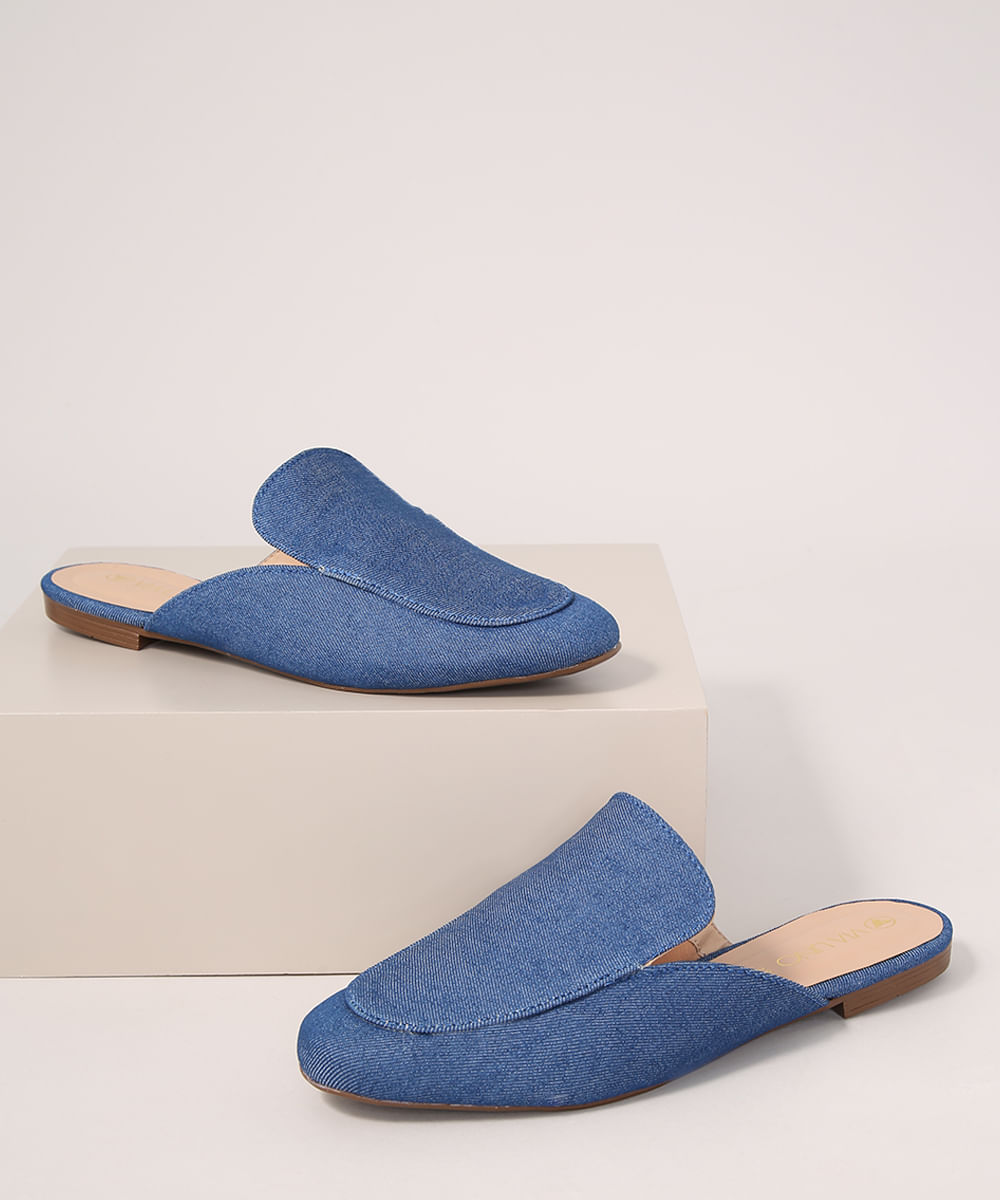 Mule Feminino Jeans Bico Redondo Via Uno Azul