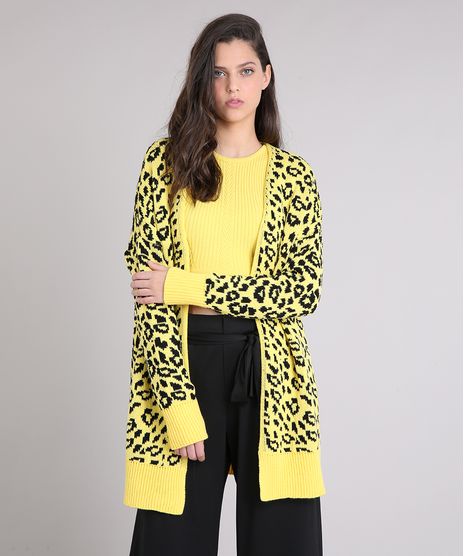 Casaco-Feminino-Longo-em-Tricot-Animal-Print-Amarelo-9256259-Amarelo_1
