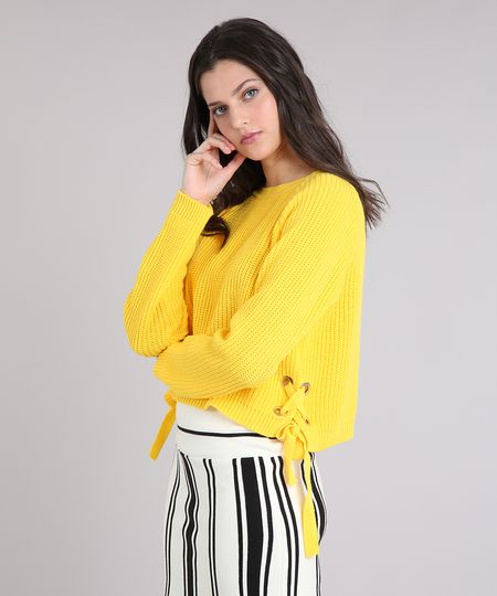 Sueter-Feminino-em-Tricot-com-Ilhos-e-Tiras--Amarelo-9250728-Amarelo_1