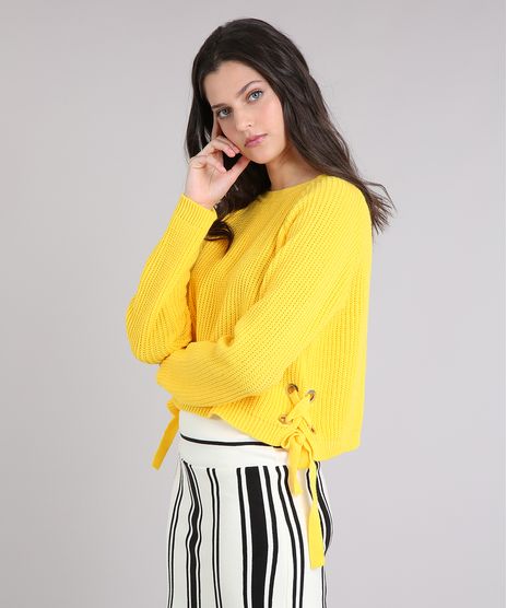 Sueter-Feminino-em-Tricot-com-Ilhos-e-Tiras--Amarelo-9250728-Amarelo_1