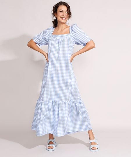 Vestido-de-Algodao-Estampado-Xadrez-Vichy-com-Recorte-Longo-Manga-Bufante-Azul-9995996-Azul_1