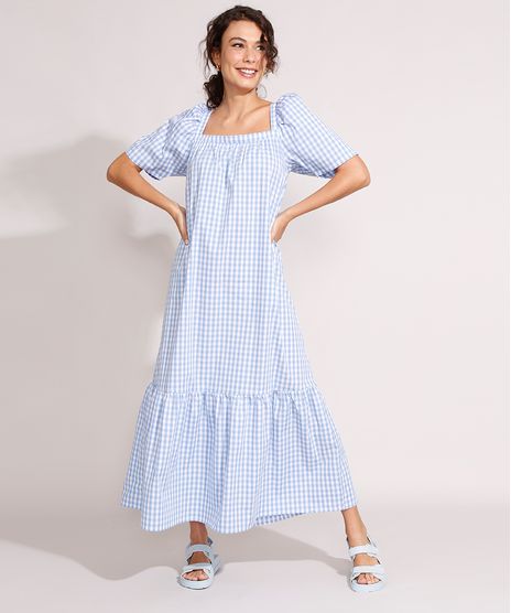 Vestido-de-Algodao-Estampado-Xadrez-Vichy-com-Recorte-Longo-Manga-Bufante-Azul-9995996-Azul_1