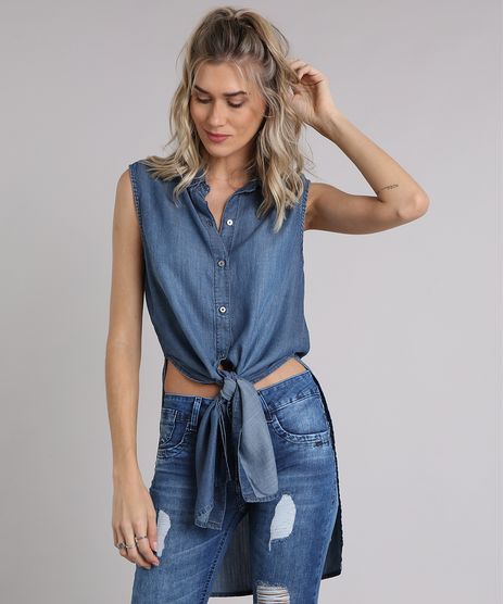 Camisa-Jeans-Feminina-Longa-Sem-Manga-com-Fendas-Azul-Escuro-9204378-Azul_Escuro_1