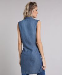 Camisa-Jeans-Feminina-Longa-Sem-Manga-com-Fendas-Azul-Escuro-9204378-Azul_Escuro_2