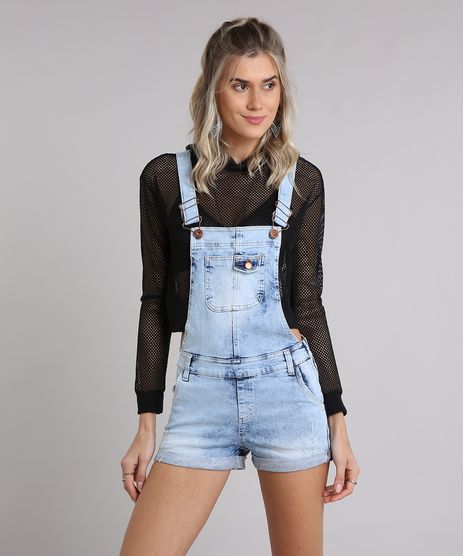 Jardineira-Jeans-Feminina-Marmorizada-com-Puidos-e-Barra-Dobrada-Azul-Claro-9204370-Azul_Claro_1