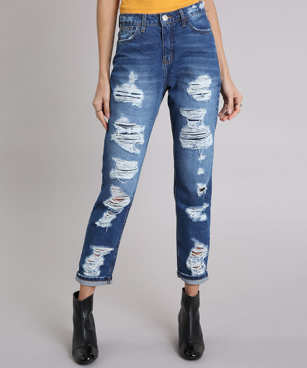 calça jeans feminina mom pants azul médio