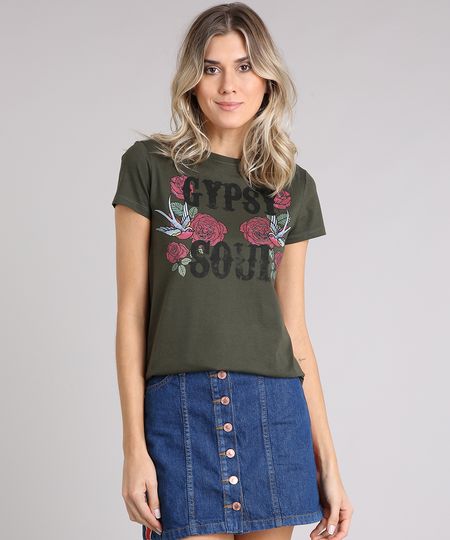 Blusa-Feminina--Gypsy-Soul--com-Estampa-Floral-Decote-Redondo-Manga-Curta-em-Algodao---Sustentavel-Verde-Militar-9215634-Verde_Militar_1