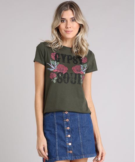 Blusa-Feminina--Gypsy-Soul--com-Estampa-Floral-Decote-Redondo-Manga-Curta-em-Algodao---Sustentavel-Verde-Militar-9215634-Verde_Militar_1