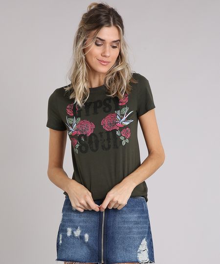 Blusa-Feminina--Gypsy-Soul--com-Estampa-Floral-Decote-Redondo-Manga-Curta-em-Algodao---Sustentavel-Verde-Militar-9211799-Verde_Militar_1