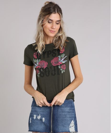 Blusa-Feminina--Gypsy-Soul--com-Estampa-Floral-Decote-Redondo-Manga-Curta-em-Algodao---Sustentavel-Verde-Militar-9211799-Verde_Militar_1