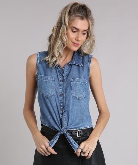 Camisa-Jeans-Feminina-Sem-Manga-com-No-Azul-Escuro-9102259-Azul_Escuro_1