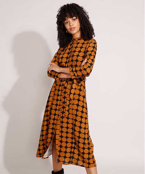 Vestido-Chemise-de-Viscose-Estampado-de-Poa-com-Faixa-para-Amarrar-Midi-Manga-7-8-Preto-9984619-Preto_1