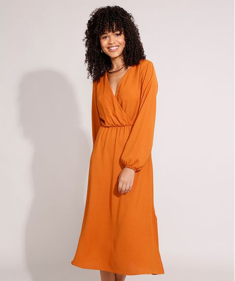 Vestido-com-Transpasse-e-Amarracao-Midi-Manga-Bufante-Caramelo-9984620-Caramelo_1