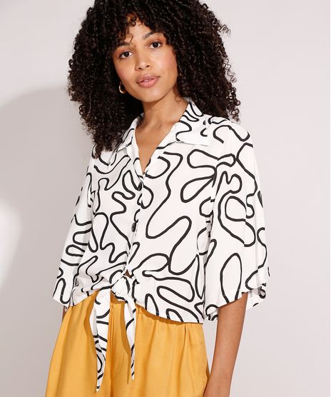 Camisa-de-Viscose-Estampada-Abstrata-com-No-Manga-Curta-Ampla-Branca-9977728-Branco_1