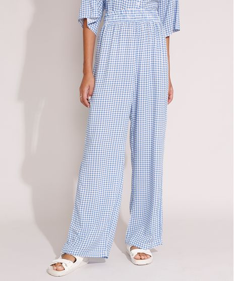 Calca-Wide-Reta-de-Viscose-Estampada-Xadrez-Cintura-Alta-Azul-9994244-Azul_1